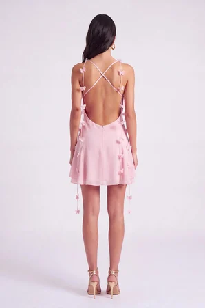 Çiçek Askılı Şifon Mini Melanie Elbise Pembe