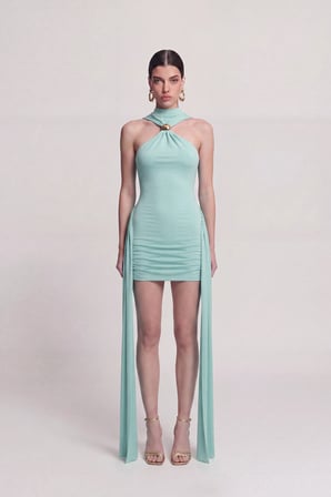 Halter Yaka Aksesuarlı Mini Lilian Elbise Mavi