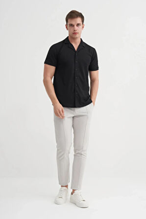 Cazador Regular Fit Örme Zigzag Dokulu Kısa Kol Gömlek
