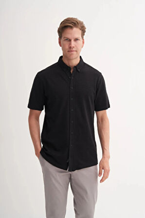 Cazador Regular Fit Jakarlı Zincir Desenli K.Kol Gömlek 2050 Siyah