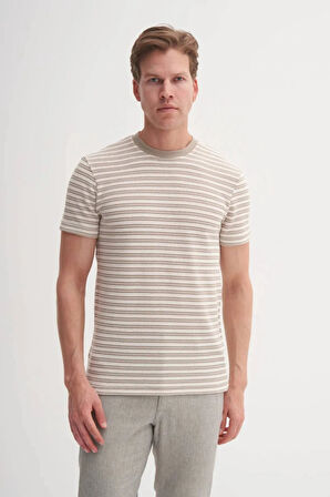 Cazador Bisiklet Yaka Slim Fit Jakarlı Çizgi Desenli Tişört