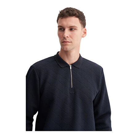 Premium Baklava Desenli Kapitone Jakar Polo Yaka Sweatshirt-53420