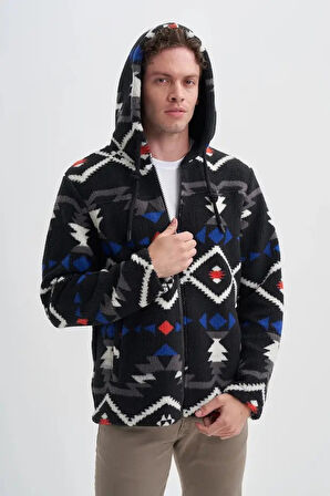 Cazador Vintage Desenli Kürklü Regular Fit Kapüşonlu Sweat Hırka-50940