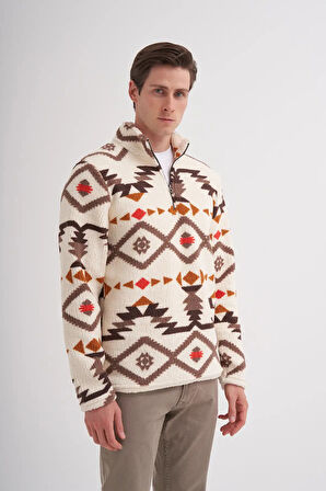 Cazador Vintage Desenli Kürk Dokulu Dik Yaka Regular Fit Sweatshirt-52440