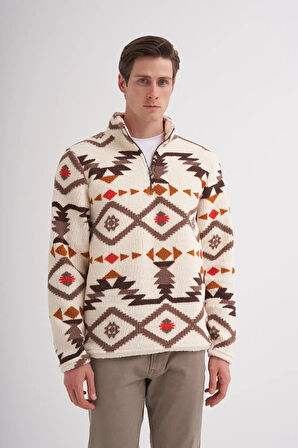 Cazador Vintage Desenli Kürk Dokulu Dik Yaka Regular Fit Sweatshirt-52440