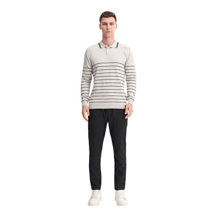 Slim Fit Viskon Dokulu Basic Çizgi Detaylı Polo Yaka Kazak-33020