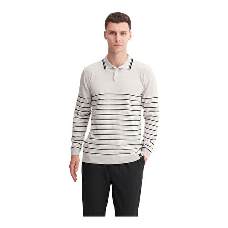 Slim Fit Viskon Dokulu Basic Çizgi Detaylı Polo Yaka Kazak-33020