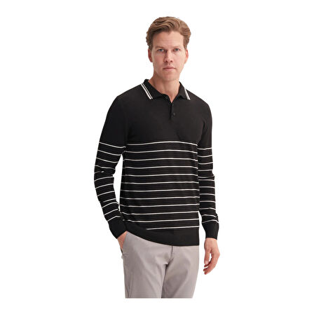 Slim Fit Viskon Dokulu Basic Çizgi Detaylı Polo Yaka Kazak-33020