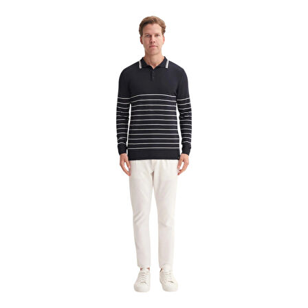 Slim Fit Viskon Dokulu Basic Çizgi Detaylı Polo Yaka Kazak-33020