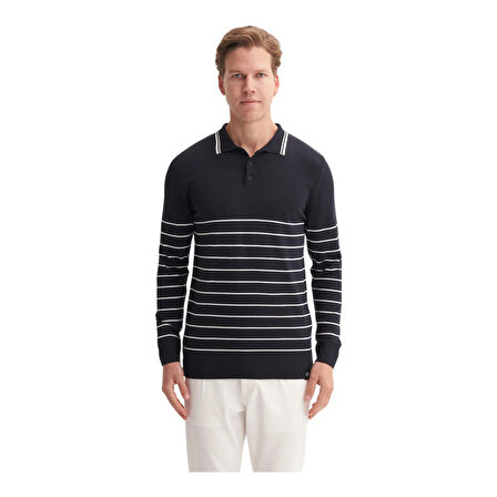 Slim Fit Viskon Dokulu Basic Çizgi Detaylı Polo Yaka Kazak-33020