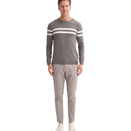 Slim Fit Viskon Kumaş Basic İki Çizgili Bisiklet Yaka Kazak