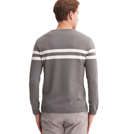 Slim Fit Viskon Kumaş Basic İki Çizgili Bisiklet Yaka Kazak