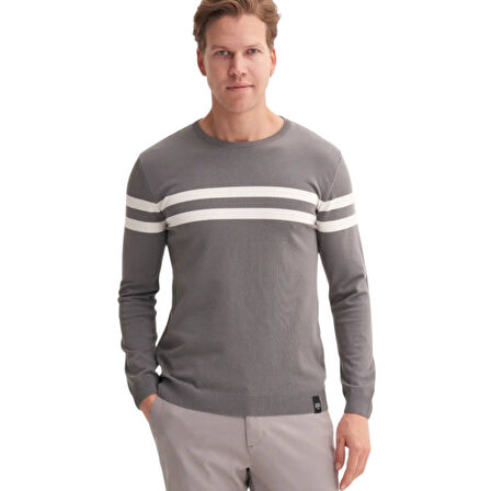 Slim Fit Viskon Kumaş Basic İki Çizgili Bisiklet Yaka Kazak