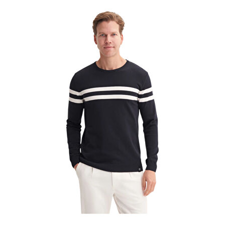 Slim Fit Viskon Kumaş Basic İki Çizgili Bisiklet Yaka Kazak