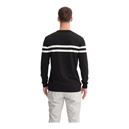 Slim Fit Viskon Kumaş Basic İki Çizgili Bisiklet Yaka Kazak