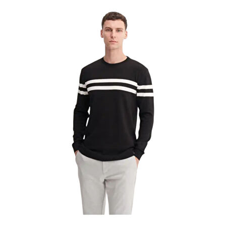 Slim Fit Viskon Kumaş Basic İki Çizgili Bisiklet Yaka Kazak