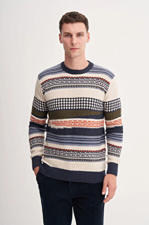 Slim Fit Akrilik Karışımlı Vintage Desenli Bisiklet Yaka Kazak