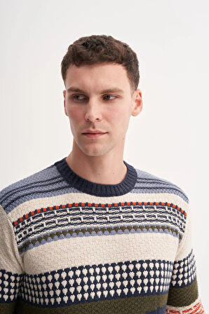 Slim Fit Akrilik Karışımlı Vintage Desenli Bisiklet Yaka Kazak