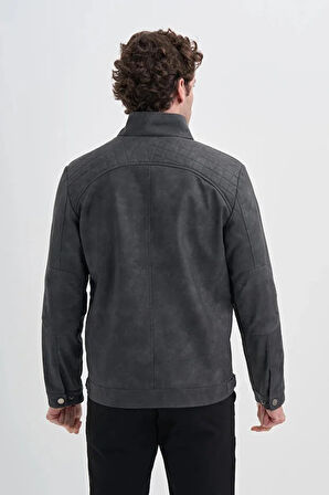Cazador Slim Fit Vintage PU Deri Karışımlı Mont-10620 Gri