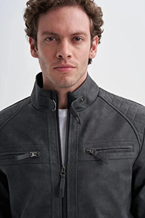 Cazador Slim Fit Vintage PU Deri Karışımlı Mont-10620 Gri