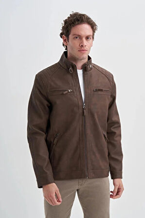 Cazador Slim Fit Vintage PU Deri Karışımlı Mont-10620 S. Kahve