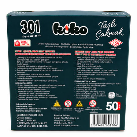 Koko Premium Taşlı Çakmak 301 Doldurulabilir Mum Alevli Cep Tipi 50 Adet