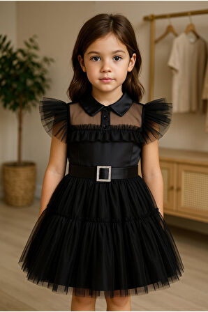 Clario - Kız Çocuk Siyah Tül Elbise - Kız Çocuklar İçin Taşlı Kemerli, Saten Detaylı Özel Gün Elbisesi 
