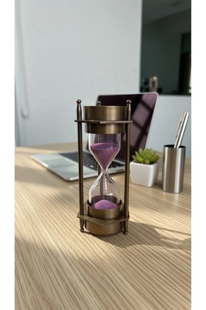 Eskitme Metal Çift Pusulalı Kum Saati 12 cm Mor Kumlu Dekoratif Vintage Masaüstü Aksesuar Hediyelik Tek Ebat