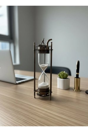 Güneş Saatli Metal Kum Saati 22 cm Beyaz Kumlu Antik Bronz Vintage Lüks Hediyelik Dekoratif Aksesuar Tek Ebat
