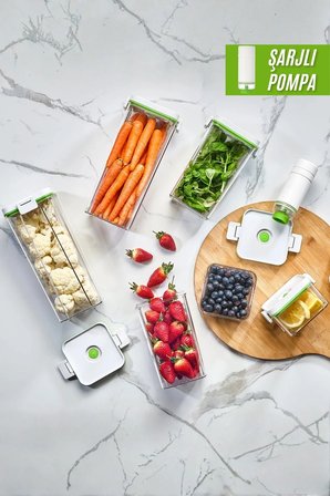 Şarjlı Vakum 6 Parça Saklama Kabı Seti 2 lt + 1,3 lt + 0,5 lt Gri