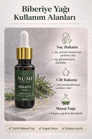 NUMI Naturals Biberiye Yağı 20 ml – Saf Uçucu Biberiye Yağı – Saç Bakım Yağı, Aromaterapi ve Masaj Yağı
