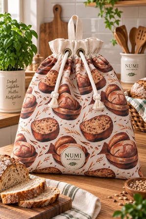 NUMI Naturals %100 Pamuk Kumaş Büzgülü Ekmek Saklama Torbası - 35*40 cm