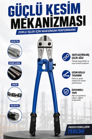 Demir Kesme Makası Profesyonel Çelik Tel Zincir ve Demir Çubuk Kesici Güçlü Kaldıraç Sistemli Ağır Hizmet Tipi 18x450 mm