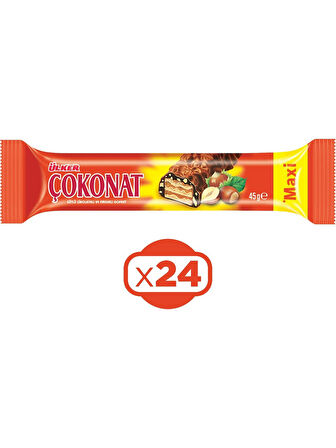 ÇOKONAT Maxi-Sütlü Çikolata ve Fındık Parçacığı Kaplamalı Fındıklı Kremalı Gofret-45 gram-24 Adet