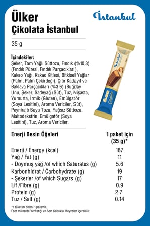 Çikolata İSTANBUL Baton-Fındıklı Dolgulu, Çıtır Kadayıflı ve Baklavalı Çikolata-35 gram-24 Adet