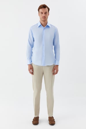 Mavi %100 Pamuk Regular Fit Sivri Yaka Uzun Kollu Gömlek
