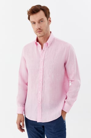 Pembe %100 Keten Regular Fit Uzun Kollu Düğmeli Yaka Gömlek 