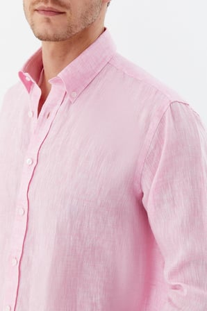 Pembe %100 Keten Regular Fit Uzun Kollu Düğmeli Yaka Gömlek 