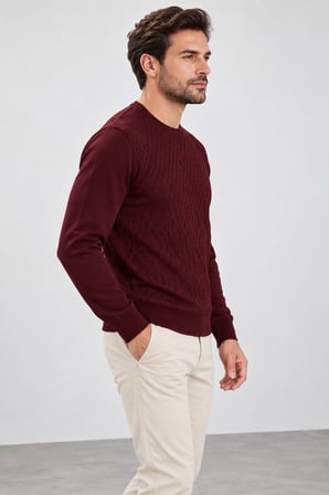 Erkek Kabartma Dokulu Bisiklet Yaka Triko Kazak S25 W22CT057-Bordo
