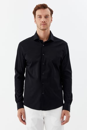 Siyah %100 Pamuk Slim Fit Klasik Yaka Uzun Kollu Gömlek