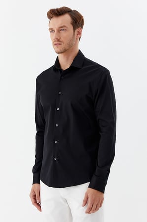 Siyah %100 Pamuk Slim Fit Klasik Yaka Uzun Kollu Gömlek