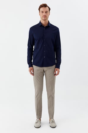 Lacivert %100 Pamuk Slim Fit Klasik Yaka Uzun Kollu Gömlek