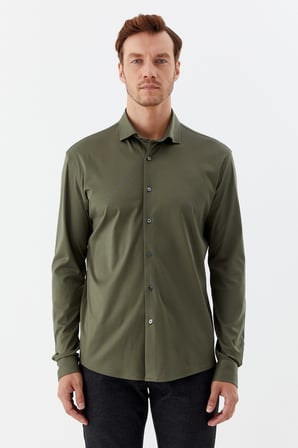Haki %100 Pamuk Slim Fit Klasik Yaka Uzun Kollu Gömlek