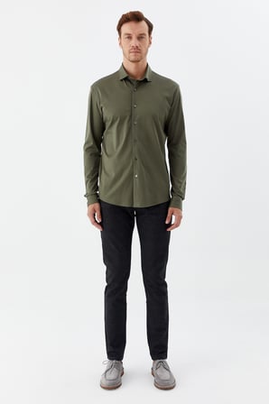 Haki %100 Pamuk Slim Fit Klasik Yaka Uzun Kollu Gömlek