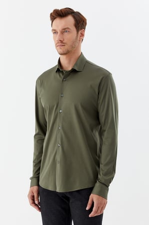 Haki %100 Pamuk Slim Fit Klasik Yaka Uzun Kollu Gömlek