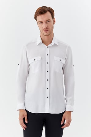 Beyaz %100 Pamuk Klasik Yaka Cepli Slim Fit Gömlek