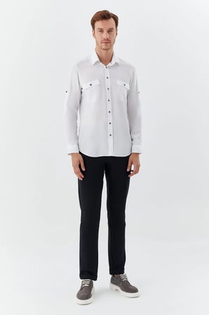 Beyaz %100 Pamuk Klasik Yaka Cepli Slim Fit Gömlek