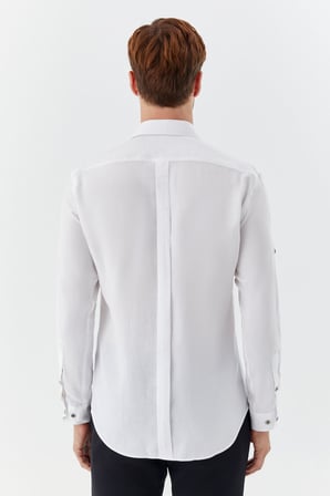 Beyaz %100 Pamuk Klasik Yaka Cepli Slim Fit Gömlek