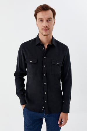Siyah %100 Pamuk Klasik Yaka Cepli Slim Fit Gömlek