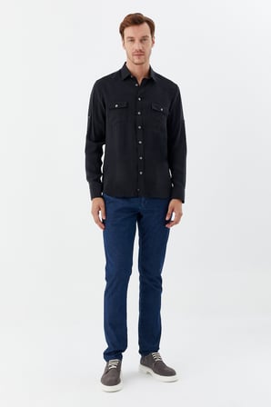Siyah %100 Pamuk Klasik Yaka Cepli Slim Fit Gömlek